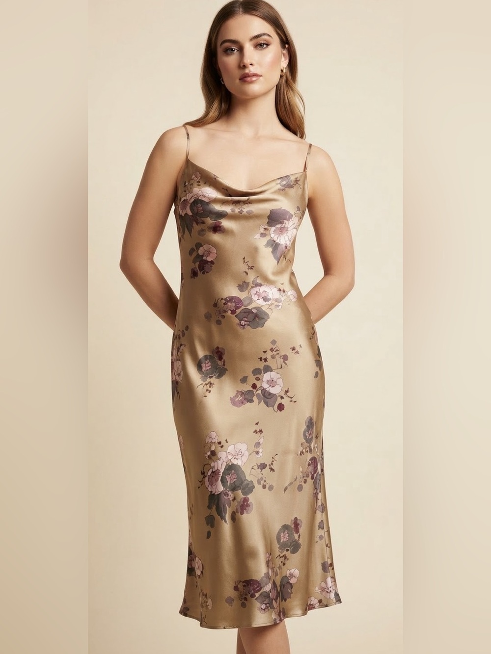 Wilfred Aritzia Floral Satin Cowl Neck Slip Dress